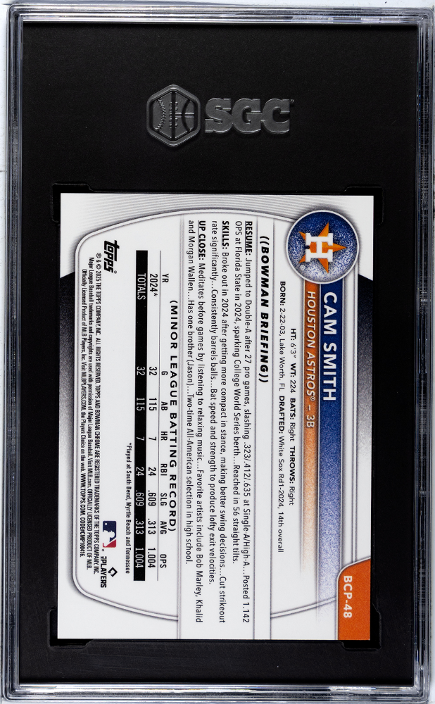 2025 Bowman Chrome Cam Smith Prospect Orange Refractor 7/25 SGC 9 Astros
