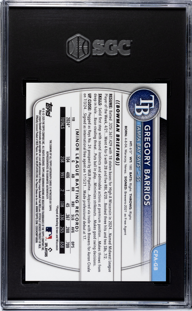 2025 Bowman Chrome Gregory Barrios Prospect Auto Mini Diamond Refractor 16/100 SGC 10/10 Rays-2