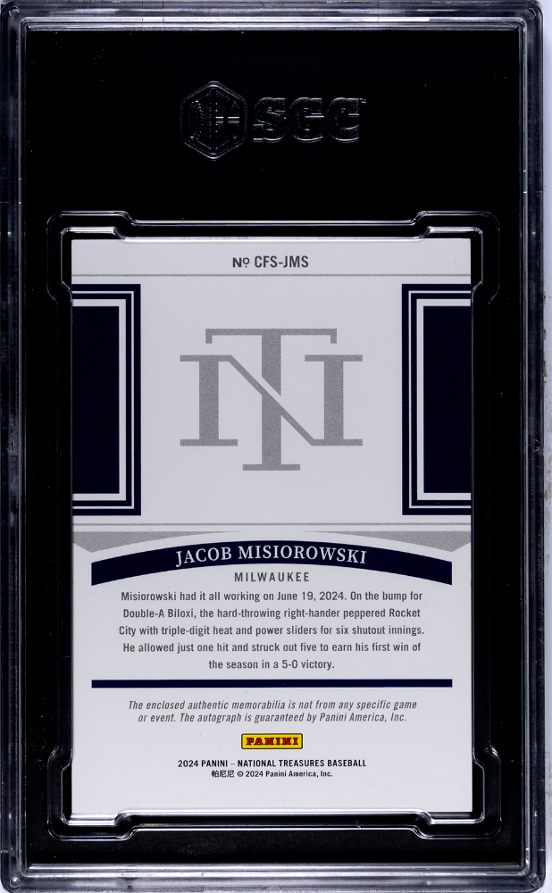 2024 Panini National Treasures #CFS-JMS Jacob Misiorowski Clutch Factor Signatures Auto Jersey Patch #39/49 SGC 10/9