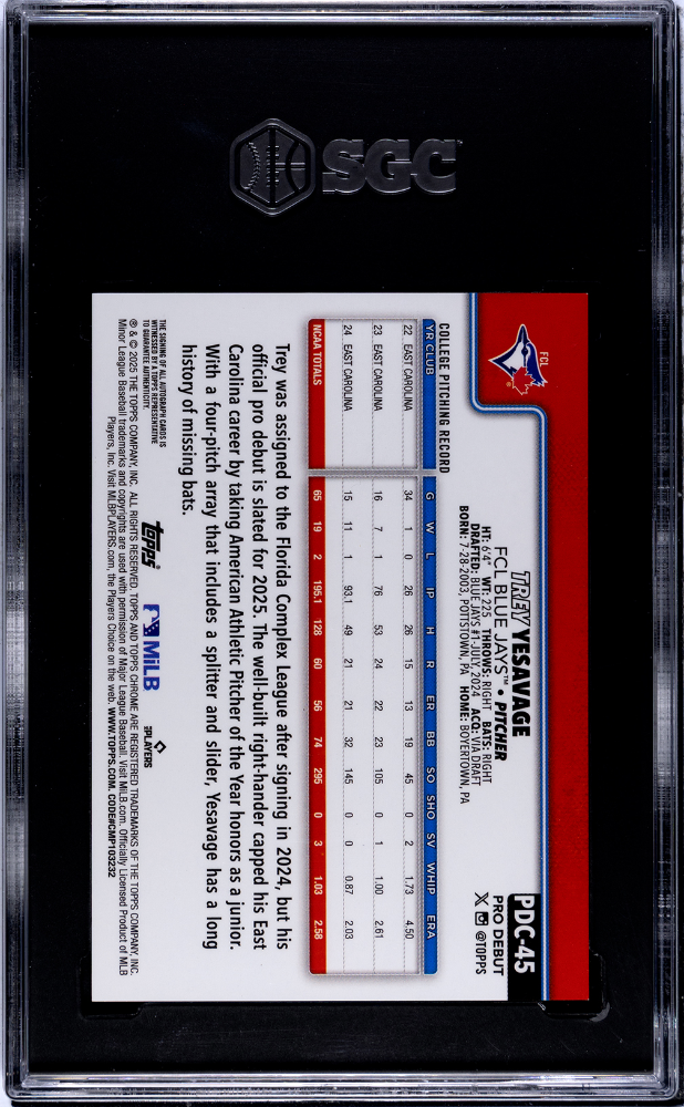 2025 Topps Pro Debut Trey Yesavage Chrome Auto Orange Refractor #16/25 SGC 9 Auto 10-2