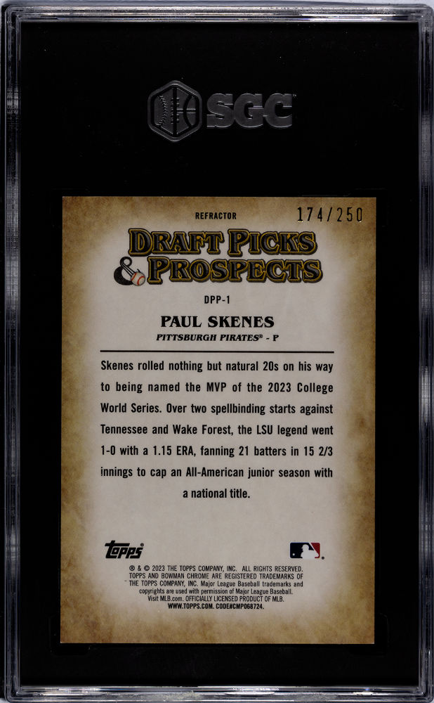 2023 Bowman Draft Paul Skenes DPP-1 Draft Picks & Prospects Refractor 174/250 SGC 9.5