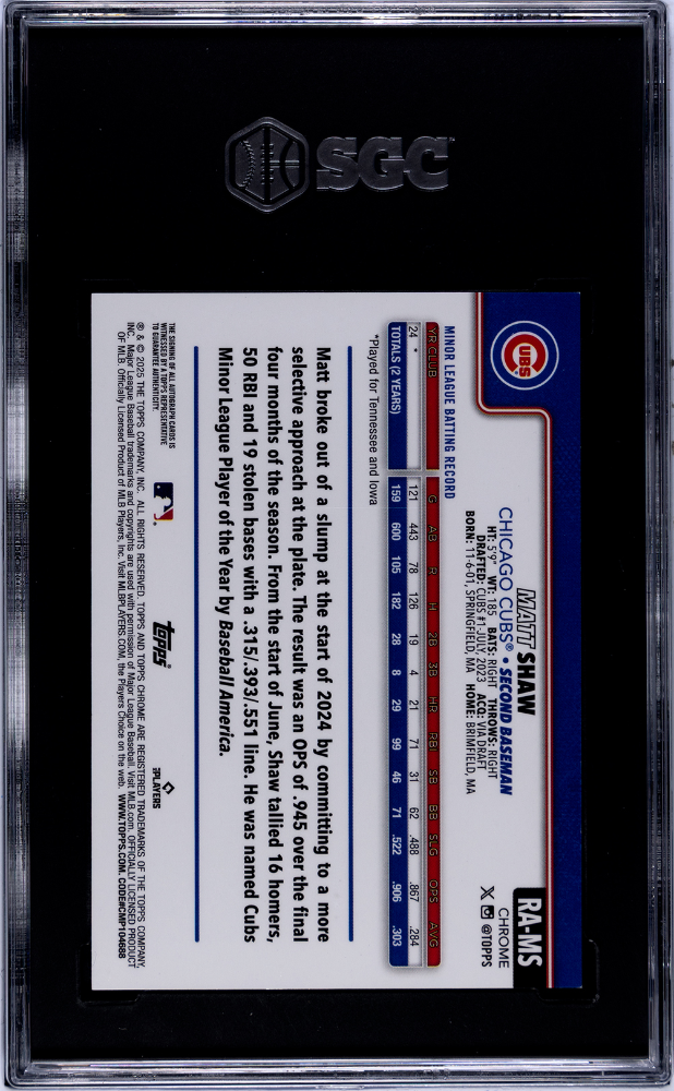 2025 Topps Chrome Matt Shaw Rookie Autographed Blue Refractor 144/150 SGC 10/8.5 Cubs-2