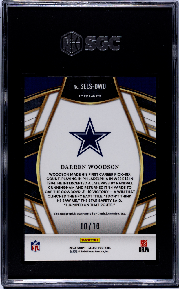 2023 Panini Select Darren Woodson Select Signatures Auto Gold Prizm 10/10 SGC 9.5 Cowboys