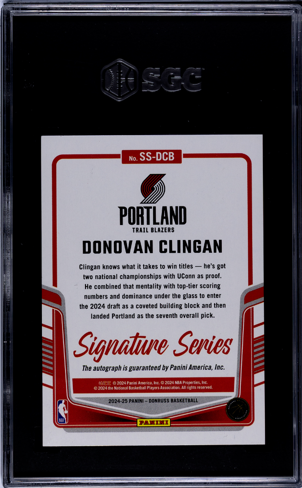 2024-25 Donruss Donovan Clingan Signature Series Auto Holo Pink Laser 13/20 SGC 10/9 Trail Blazers