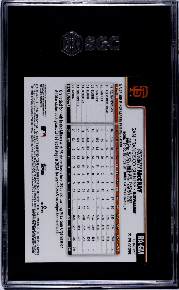 2025 Topps Chrome Grant McCray Rookie Autographed Aqua Wave Refractor 124/199 SGC 10/9.5 Giants-2