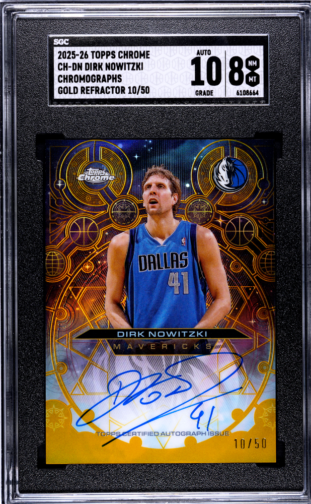 2025-26 Topps Chrome Dirk Nowitzki Chromographs Gold Refractor 10/50 SGC 8 Auto 10 Mavericks-1