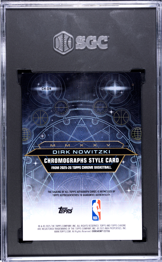 2025-26 Topps Chrome Dirk Nowitzki Chromographs Gold Refractor 10/50 SGC 8 Auto 10 Mavericks