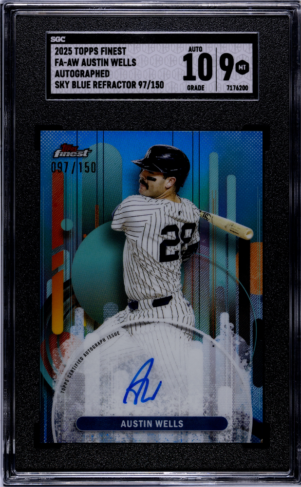 2025 Topps Finest Austin Wells Autograph Sky Blue Refractor 97/150 SGC 10 Auto 9 Yankees