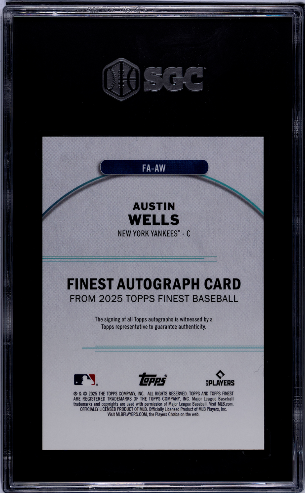 2025 Topps Finest Austin Wells Autograph Sky Blue Refractor 97/150 SGC 10 Auto 9 Yankees