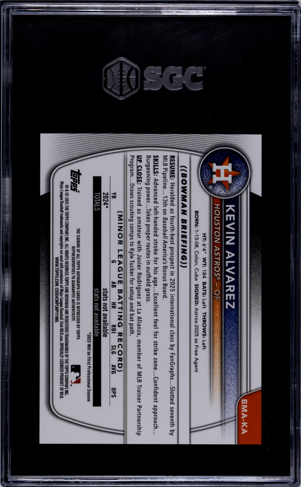 2025 Bowman Chrome Mega Kevin Alvarez Autograph Purple Refractor 37/199 SGC 10 Auto 9.5 Astros