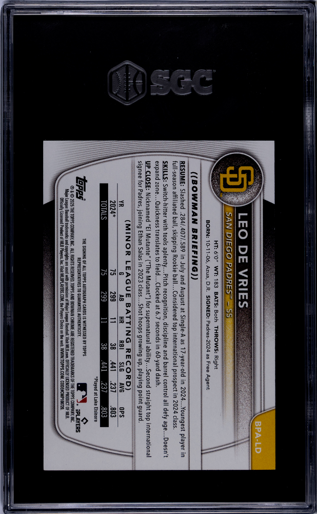 2025 Bowman Leo De Vries Prospect Autograph Purple Border 083/250 SGC 10 Auto 9.5 Padres