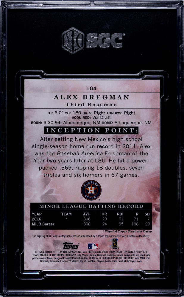 2017 Topps Inception Alex Bregman Autograph Orange 04/50 SGC 10 Auto 10 Astros