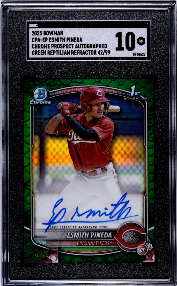 2025 Bowman Chrome Esmith Pineda Prospect Auto Green Reptilian Refractor 42/99 SGC 10 Reds
