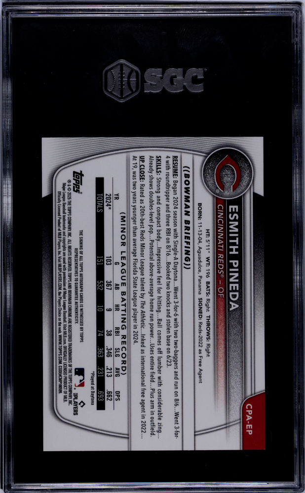 2025 Bowman Chrome Esmith Pineda Prospect Auto Green Reptilian Refractor 42/99 SGC 10 Reds