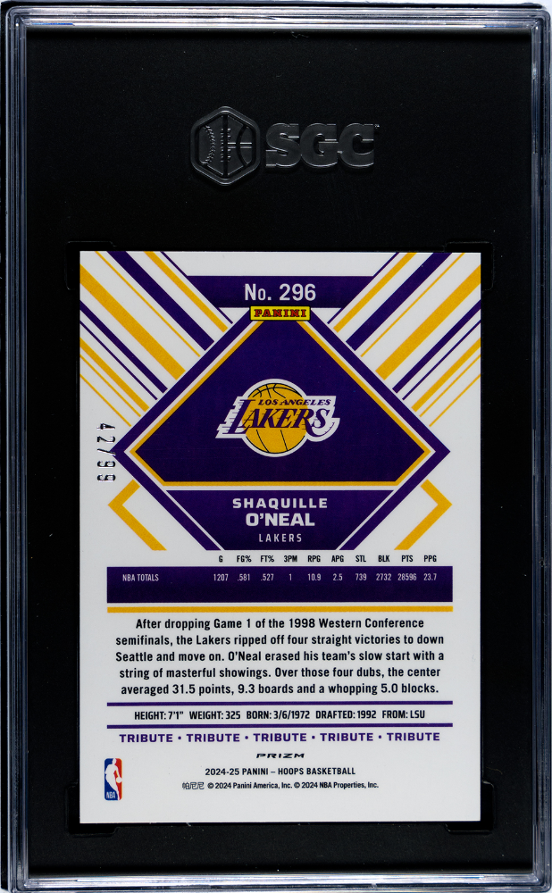 2024-25 Panini Hoops Shaquille O'Neal Premium Red Lazer Prizm #296 42/99 SGC 10 Lakers
