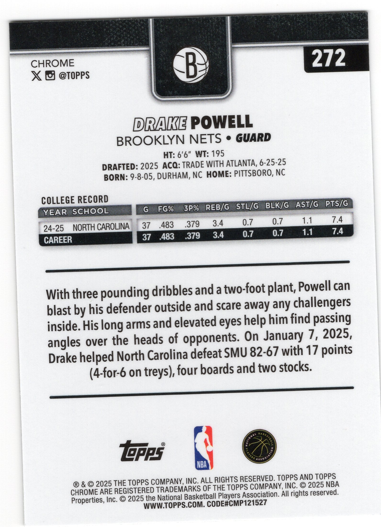 2024-25 Topps Chrome Drake Powell Rookie Yellow Refractor 214/275 Nets