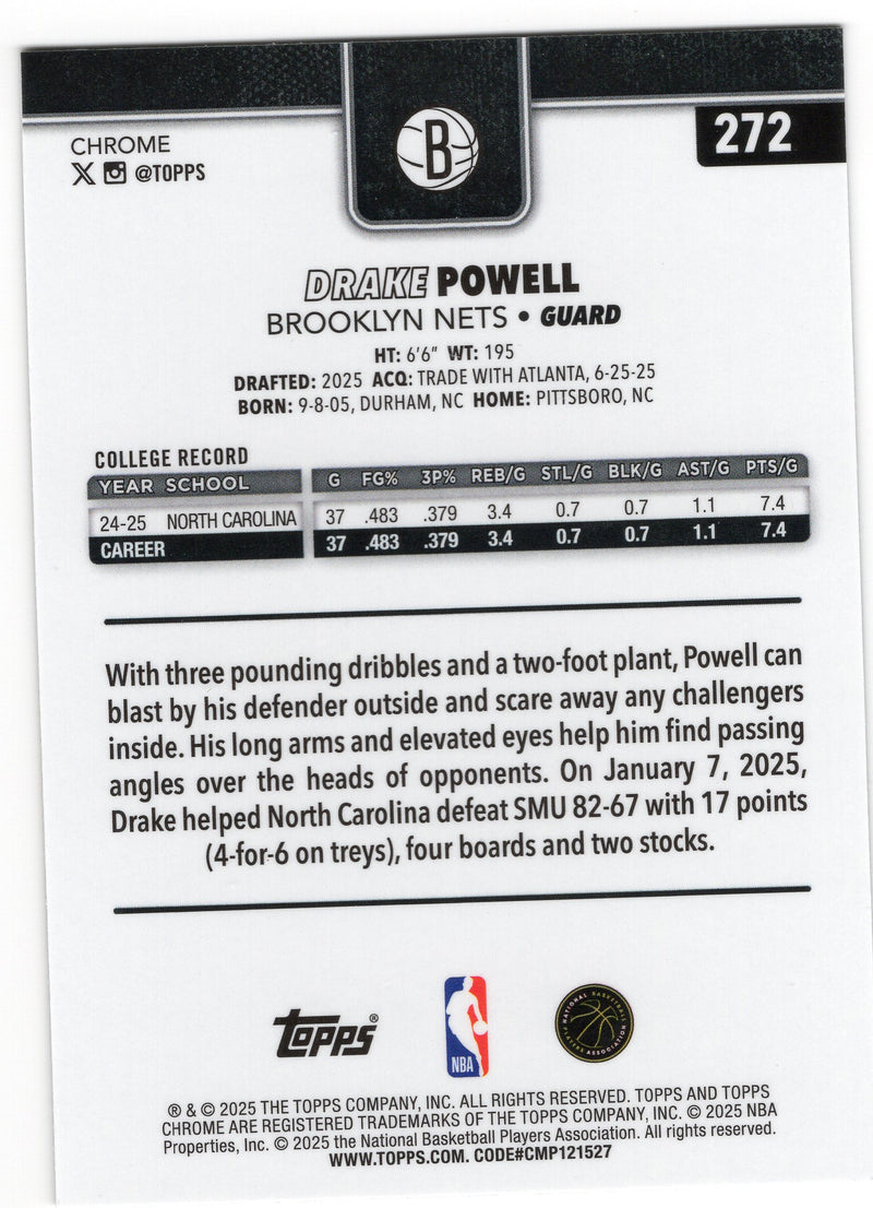 2024-25 Topps Chrome Drake Powell Rookie Yellow Refractor 214/275 Nets-2