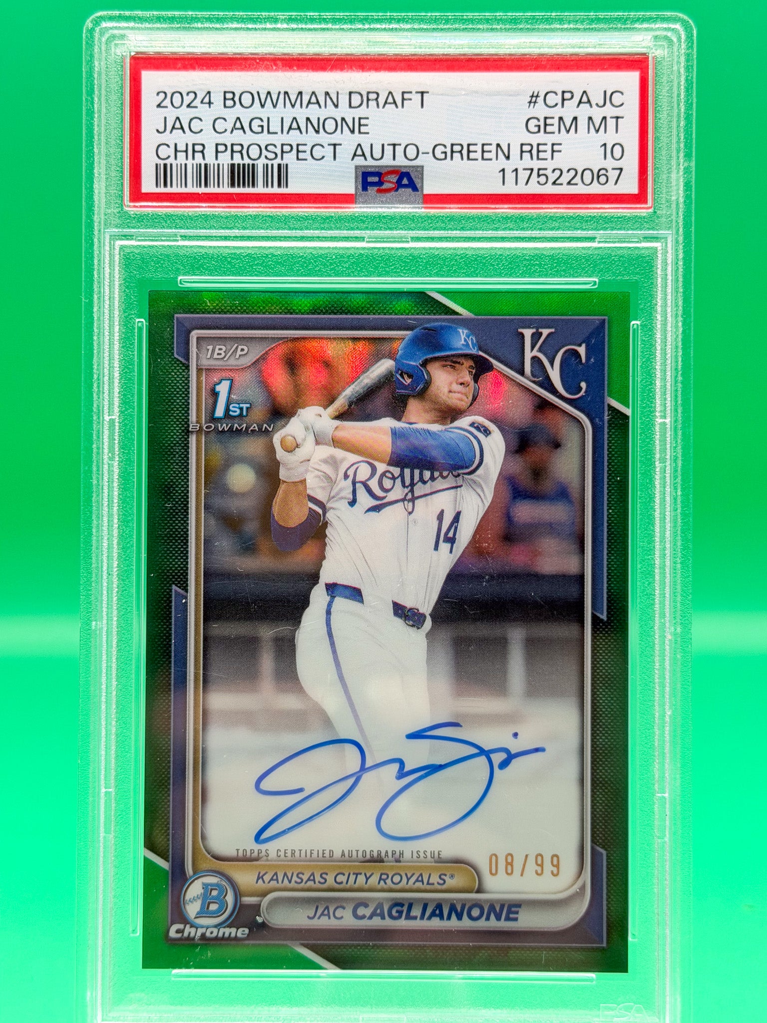 2024 Bowman Draft Jac Caglianone Chrome Prospect Auto Green Refractor 08/99 PSA 10 Royals
