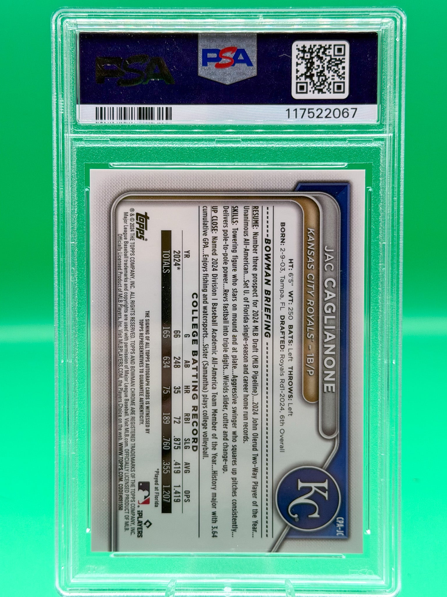 2024 Bowman Draft Jac Caglianone Chrome Prospect Auto Green Refractor 08/99 PSA 10 Royals