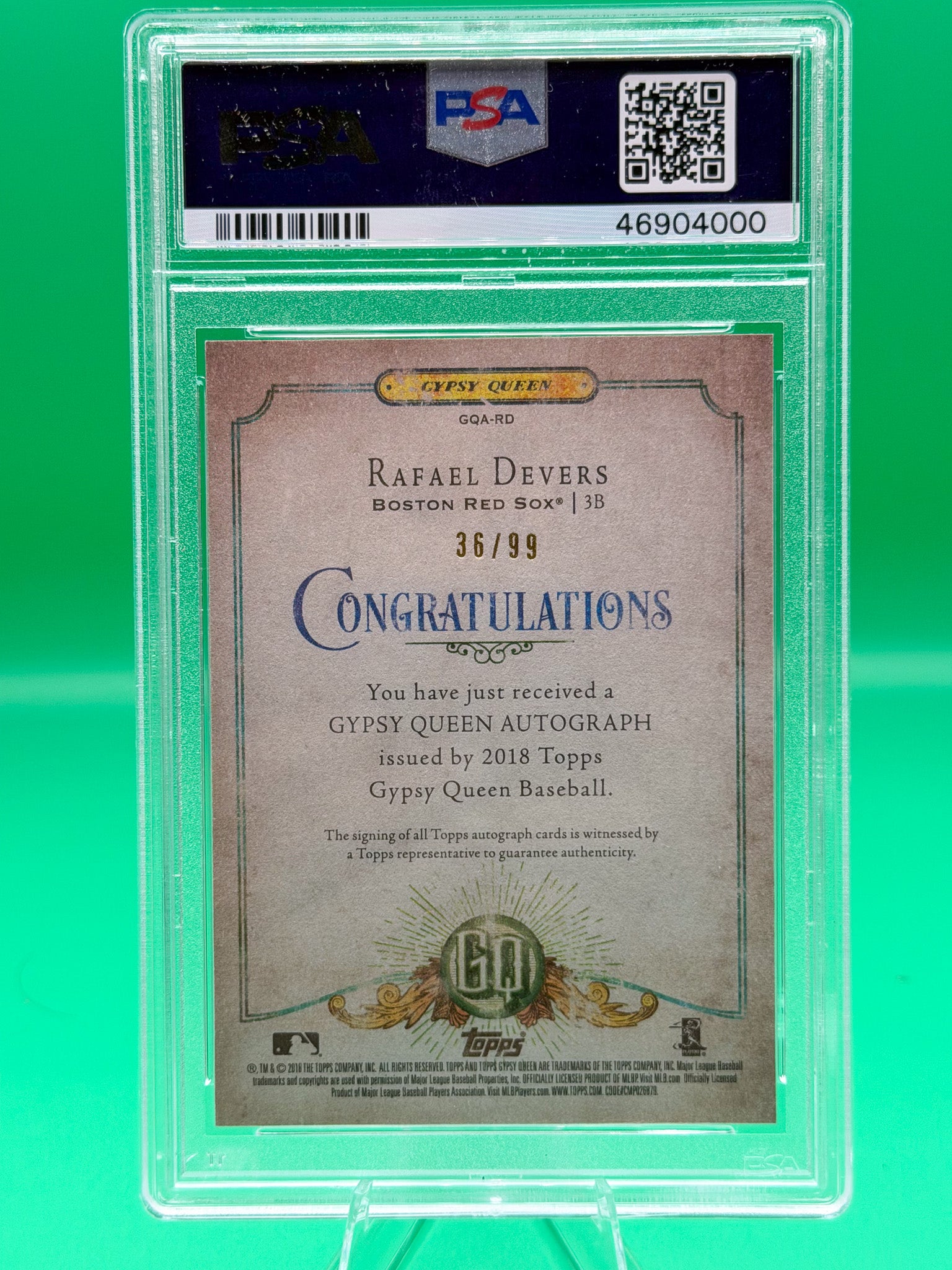2018 Topps Gypsy Queen Rafael Devers Autograph Logo Swap 36/99 PSA 10 Red Sox RC