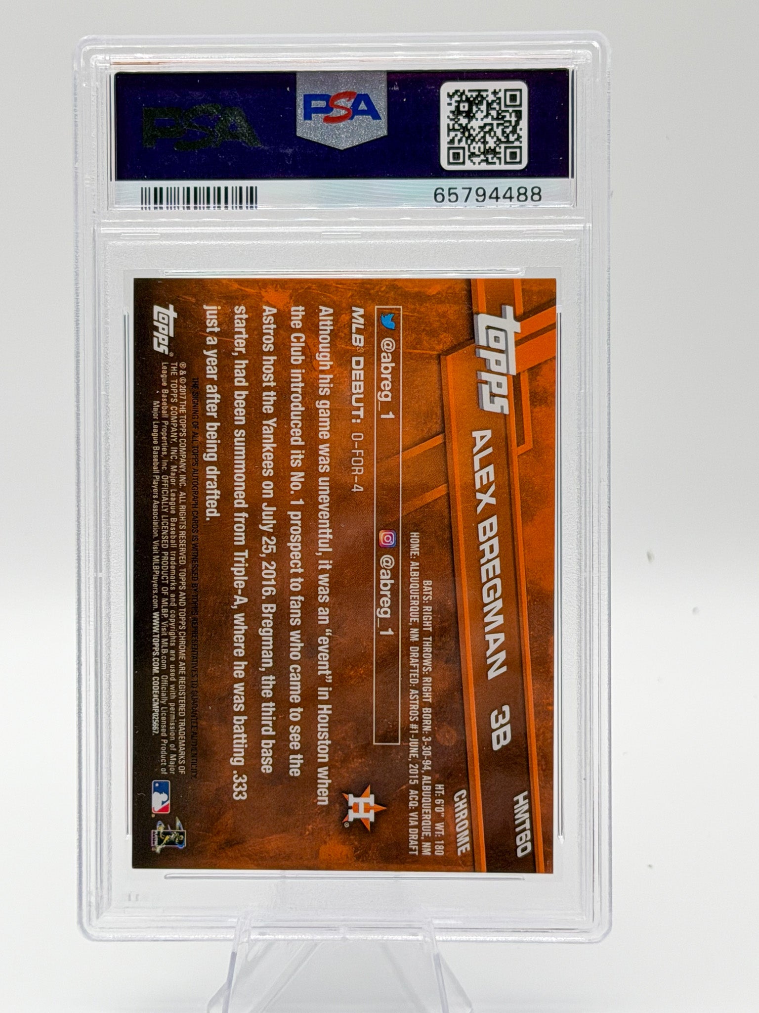 2017 Topps Chrome Alex Bregman Update Autograph #HMT60 PSA 9 Astros RC