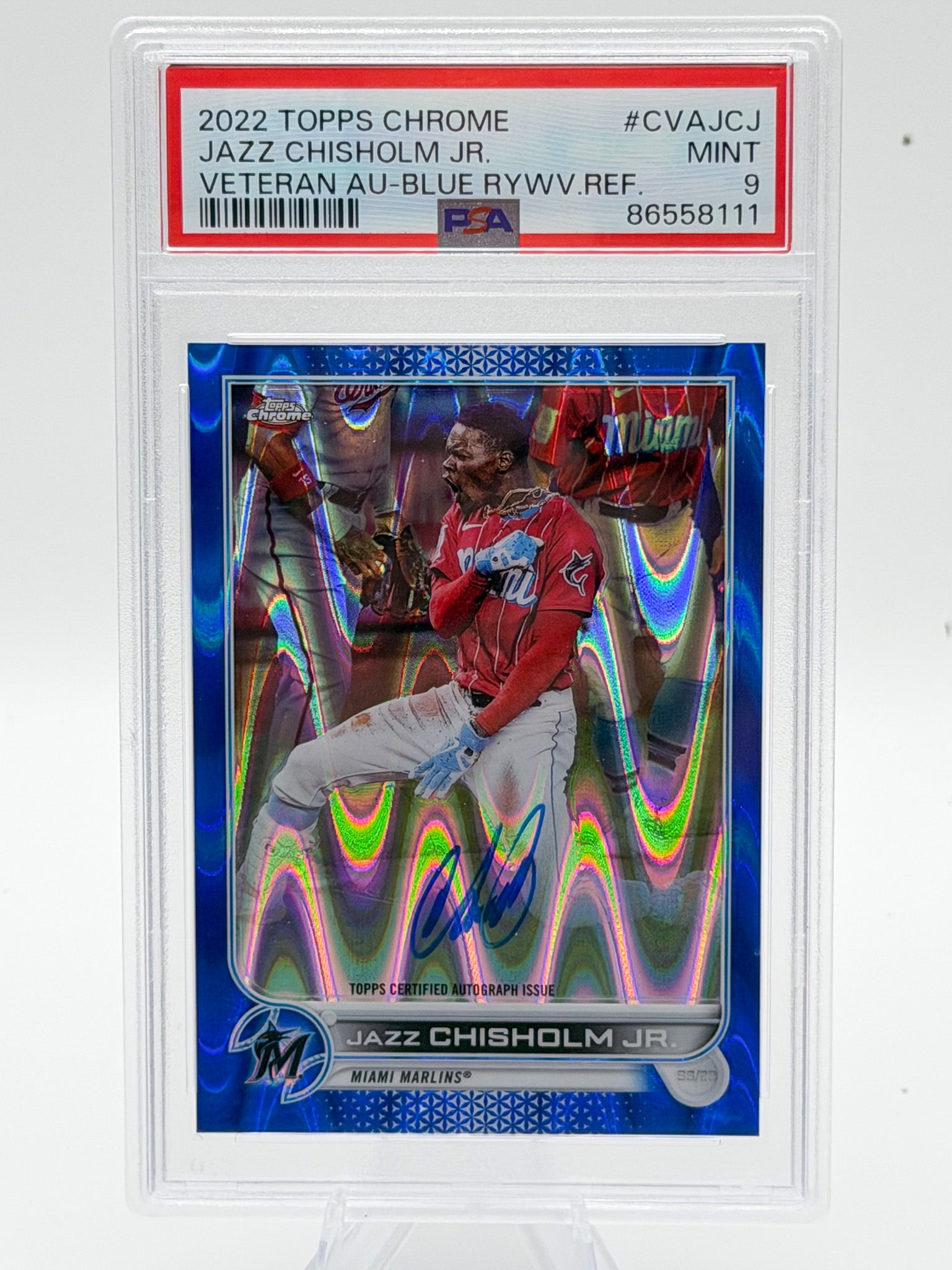 2022 Topps Chrome Jazz Chisholm Jr. Veteran Auto Blue RayWave Refractor PSA 9 Marlins