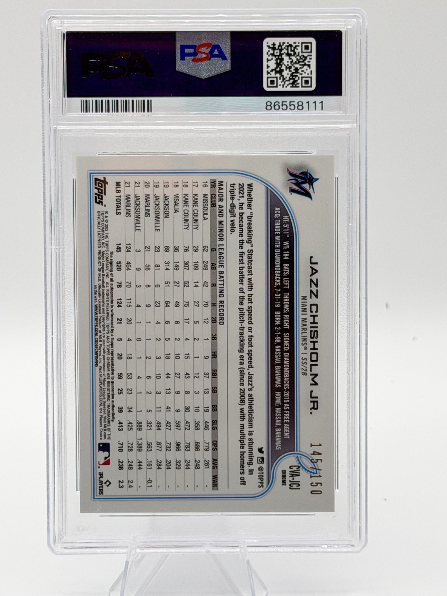 2022 Topps Chrome Jazz Chisholm Jr. Veteran Auto Blue RayWave Refractor PSA 9 Marlins