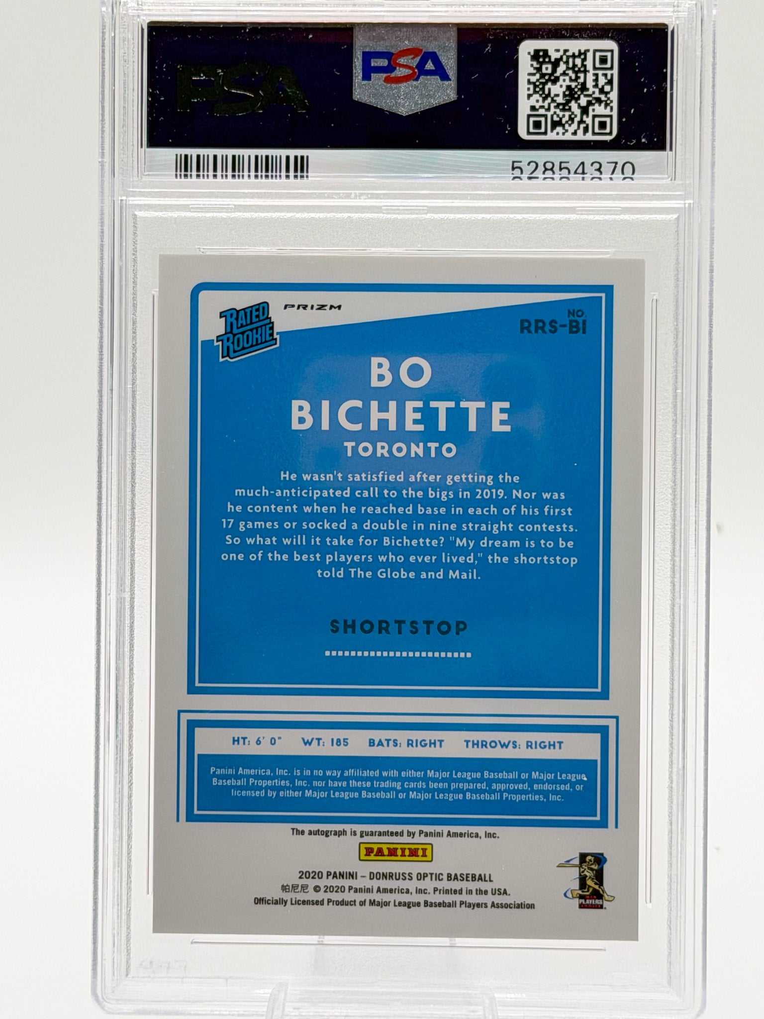 2020 Donruss Optic Bo Bichette Rated Rookie Signature Pink Velocity PSA 10 Blue Jays