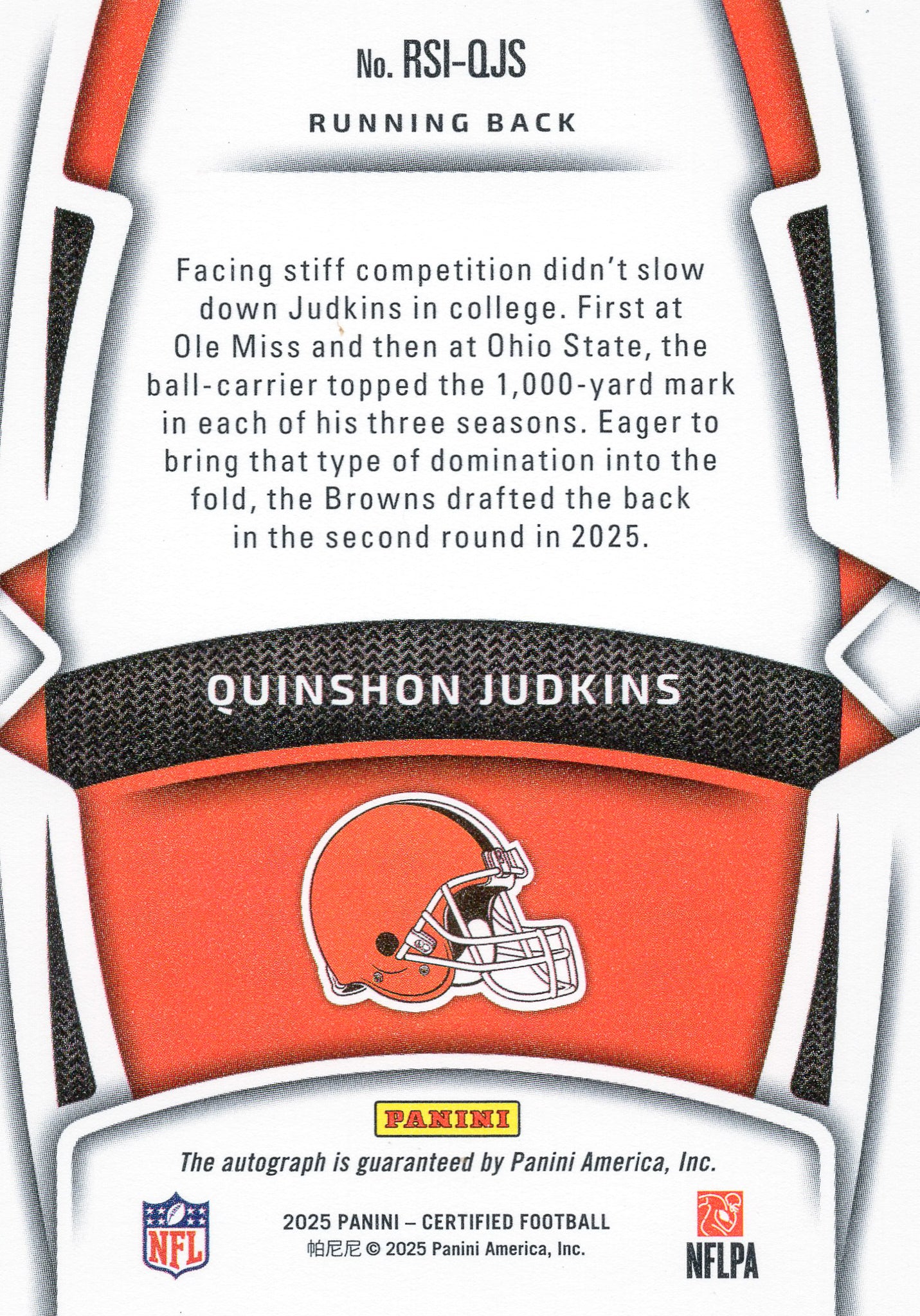 2025 Panini Certified Quinshon Judkins Rookie Signatures Purple 30/30 Browns RC